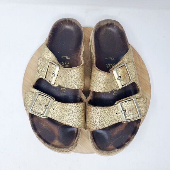 Birkenstock Arizona 38 Womens 7 Sandals Gold Pebble Leather Reptile Buckle Slide - Picture 5 of 12